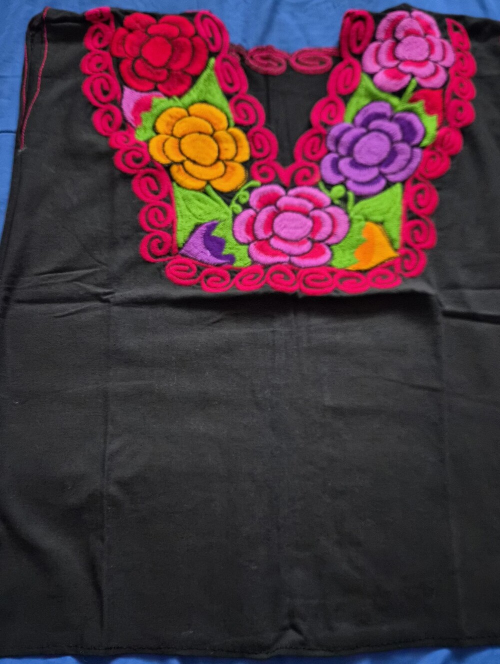 Embroidered Black Women's Top with Bright Floral Yoke